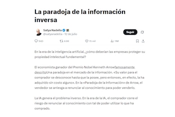 Captura de pantalla de una publicación de Twitter de Satya Nadella con el título "La paradoja de la información inversa", texto y estadísticas de interacción