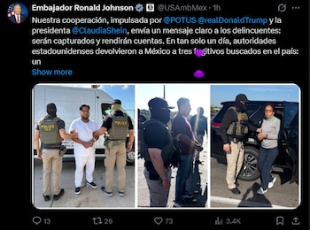 Ronald Johnson anuncia devolución a México de tres fugitivos, uno ligado al CJNG. Crédito: Captura de pantalla de RRSS