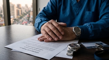 Manos de una persona con uniforme médico azul sobre un contrato de trabajo junto a un reloj de pulsera y una credencial.