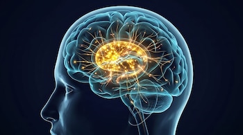 Perfil transparente de una cabeza humana con un cerebro azul donde destaca una región central brillante con ramificaciones luminosas