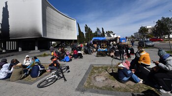 Los sindicalistas docentes durante una