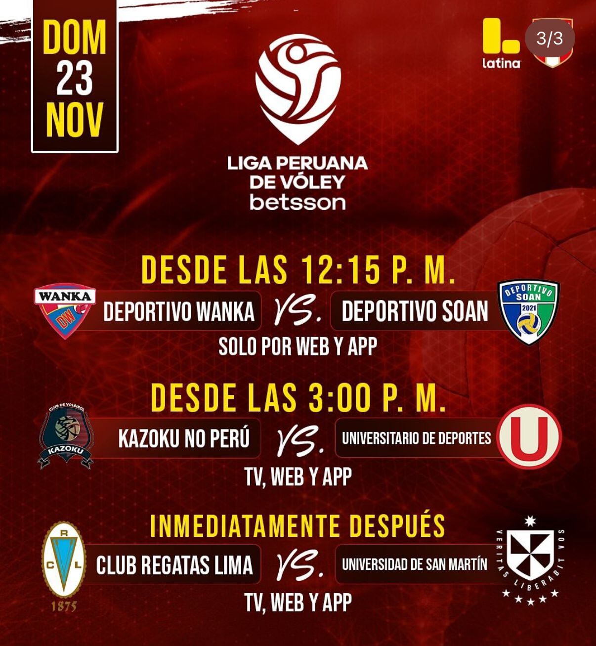 Programación del Regatas Lima vs San Martín, partido por la fecha 5 de la Liga Peruana de Vóley 2025/2026.