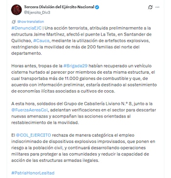 Los hechos fueron atribuidos a las disidencias de las Farc - crédito @Ejercito_Div3/X