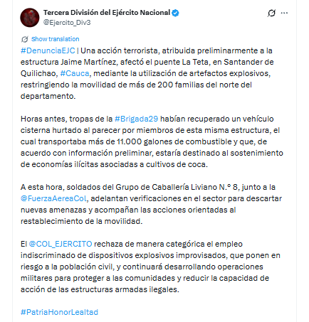 Los hechos fueron atribuidos a las disidencias de las Farc - crédito @Ejercito_Div3/X