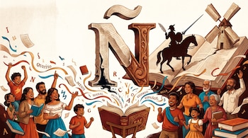 Ilustración de personas diversas celebrando alrededor de una gran letra Ñ. Se ven libros, un diccionario abierto y la silueta de Don Quijote luchando contra molinos de libros.