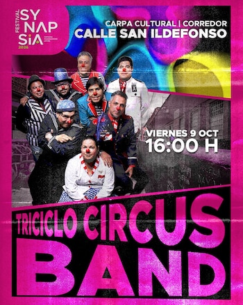Cartel promocional del grupo Triciclo Circus Band con vestuario de circo y narices rojas sobre un fondo de color magenta