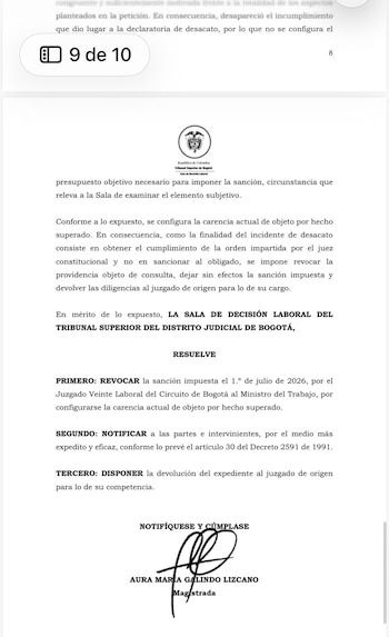 La Sala de Decisión Laboral determinó que la respuesta emitida por el Ministerio fue de fondo, congruente y suficientemente motivada, por lo que declaró la existencia de un hecho superado - crédito Rama Judicial
