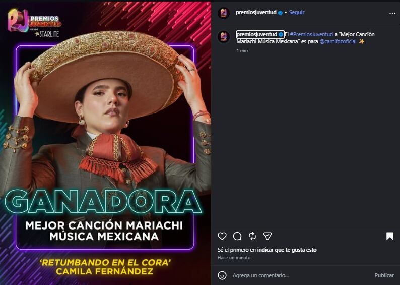 Camila Fernández se llevó el galardón por su canción “Retumbando En El Cora”.