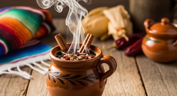 Primer plano de un jarrito de barro con café humeante, rajas de canela y anís estrellado, sobre mesa de madera rústica junto a un sarape.
