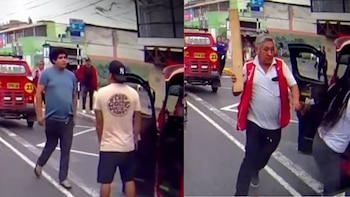 Dos capturas de pantalla muestran a tres hombres discutiendo en la calle y a un hombre con chaleco rojo que sostiene una tabla de madera