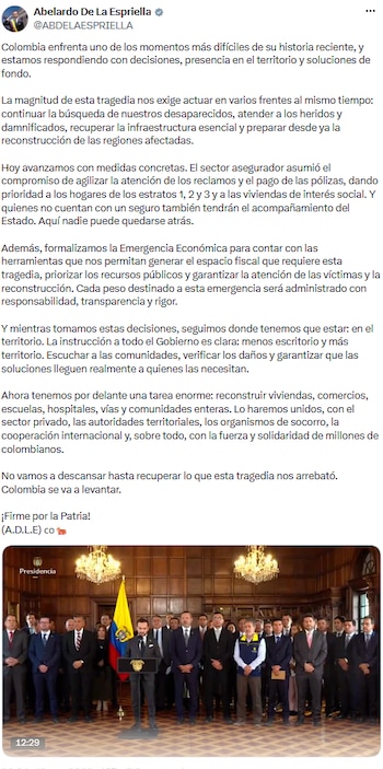 Presidente De la Espriella promete reconstrucción con transparencia y trabajo conjunto para superar la crisis - crédito @ABDELAESPRIELLA/X