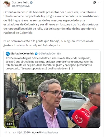 El jefe de Estado saliente afirmó que el proyecto de ley debe gravar las rentas de los mayores especuladores y estafadores de Colombia - crédito @petrogustavo/X