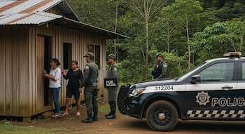 Agentes de policía de Costa Rica y dos adultos frente a una casa de madera en zona rural con vegetación densa al fondo. Una patrulla policial estacionada cerca.