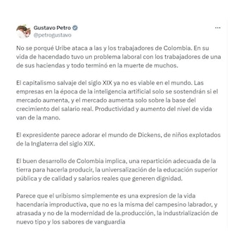Este fue el mensaje con el que el presidente Gustavo Petro respondió al expresidente Álvaro Uribe, sobre sus críticas con la reforma laboral - crédito @petrogustavo/X