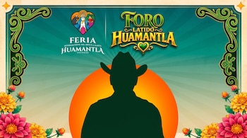 Póster con la silueta de un hombre con sombrero, un círculo naranja, bordes florales y verdes, y logos de la Feria de Huamantla.