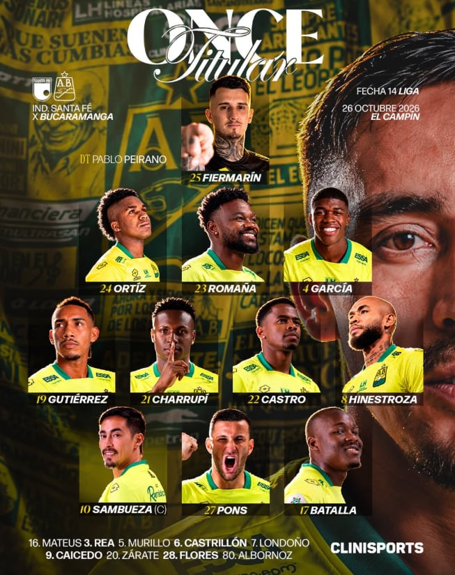 Once inicial de Atlético Bucaramanga para enfrentar a Independiente Santa Fe - crédito Atlético Bucaramanga