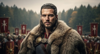 Retrato de un hombre con cabello largo y barba, vestido con capa de piel y túnica, frente a un bosque con soldados y estandartes romanos desenfocados.