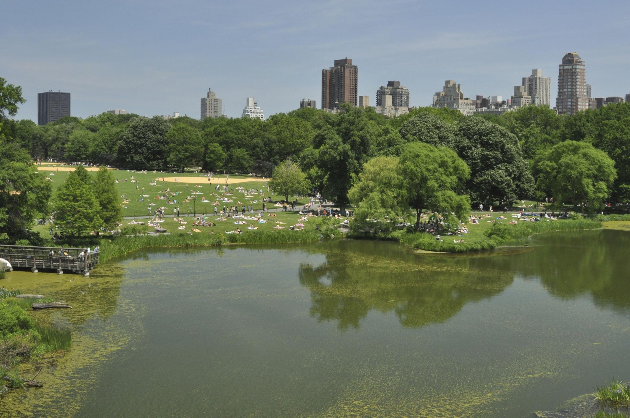 Decenas de personas disfrutan del buen clima en Central Park durante una primavera que registró temperaturas superiores al promedio histórico en la ciudad.