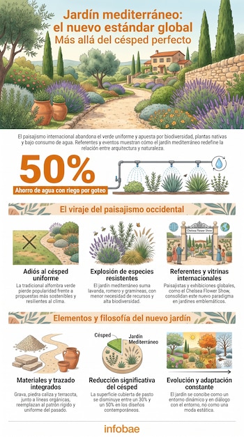 Infografía sobre jardinería mediterránea; contiene ilustración de paisaje, riego por goteo, tipos de plantas, materiales, gráficos y texto.
