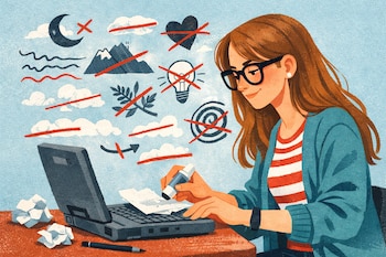 Mujer joven con gafas y cabello castaño claro escribe en un portátil antiguo. Borra texto con un corrector. Símbolos tachados flotan y hay papeles arrugados.