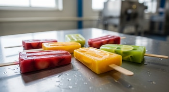 Primer plano de varias paletas heladas de frutas de colores rojo, amarillo y verde sobre una mesa metálica fría y húmeda en una fábrica.