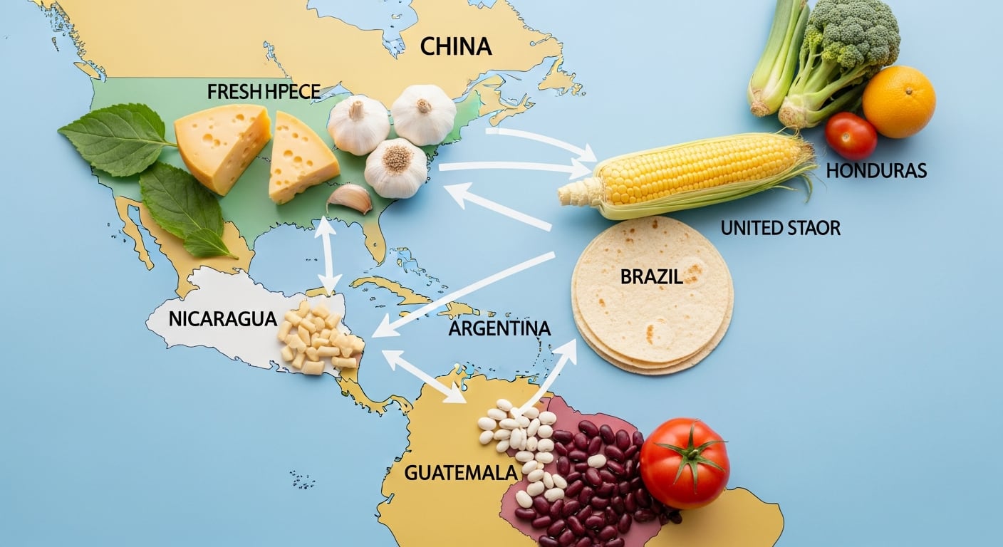 Un mapa conceptual ilustra el origen y la distribución de alimentos esenciales como maíz, frijoles, ajo, queso, frutas y vegetales, con flechas que convergen en la región centroamericana. (Imagen Ilustrativa Infobae)
