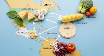 Mapa conceptual con China, América del Norte, Central y del Sur. Ajo, queso, maíz, tortillas, frijoles, brócoli, tomate, naranja sobre países y flechas de flujo.