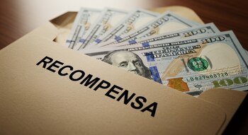Primer plano de un sobre abierto de color beige. La palabra RECOMPENSA está impresa en negro. Varios billetes de cien dólares estadounidenses asoman desde el sobre.