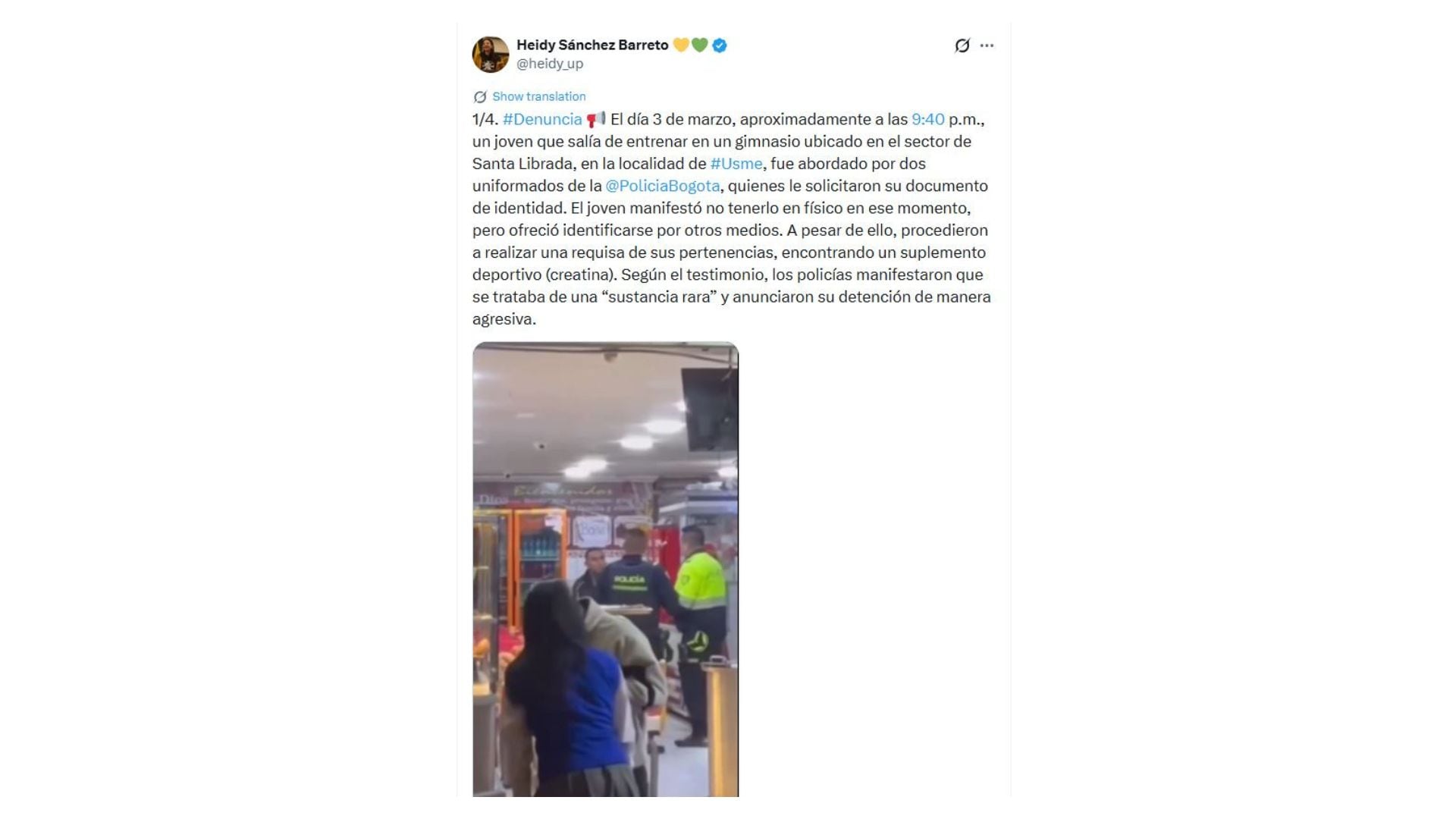 Según la denuncia de la concejal, el hecho comenzó cuando el joven no pudo mostrar la cédula para identificarse - crédito @heidy_up / X