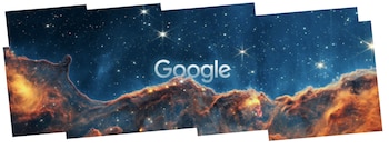 El logotipo de Google sobre un fondo de cielo estrellado azul y nubes brillantes de polvo cósmico naranja