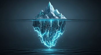 Ilustración de un iceberg geométrico sobre un mar oscuro; la parte sumergida brilla con líneas, formas abstractas y destellos eléctricos de circuitos azules, creando un reflejo en el agua.