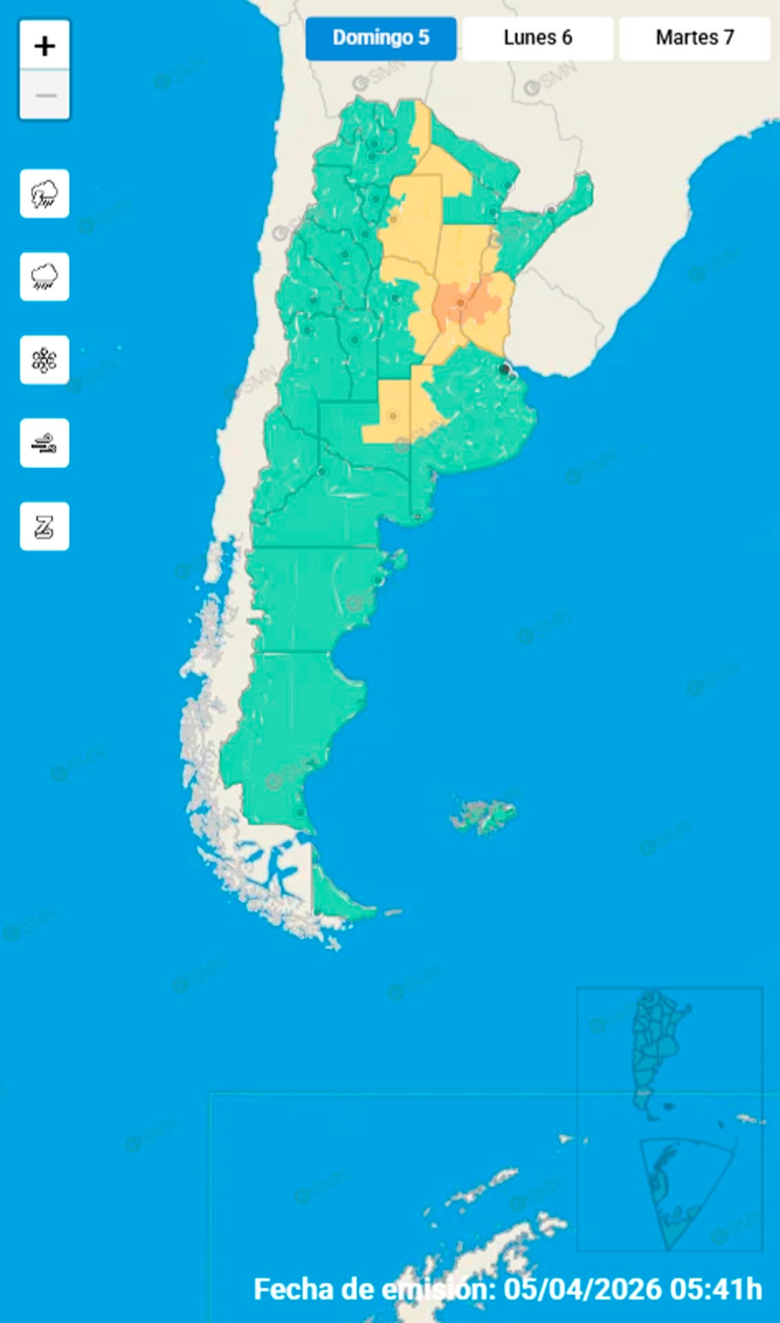 Mapa de alertas meteorológicas del Servicio Meteorológico Nacional indica la presencia de tormentas de distinta intensidad en el Litoral argentino