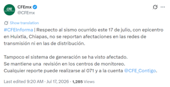 Personal de la Comisión Federal de Electricidad supervisó instalaciones eléctricas en Chiapas tras el sismo del 17 de julio. Crédito: Captura de pantalla, X