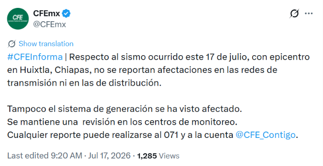 Personal de la Comisión Federal de Electricidad supervisó instalaciones eléctricas en Chiapas tras el sismo del 17 de julio. Crédito: Captura de pantalla, X