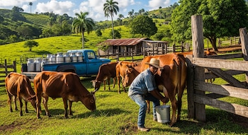 Un hombre ordeña una vaca marrón en un campo verde con varias reses. Un camión azul lleva bidones de leche. Hay un establo de madera, colinas y palmeras.