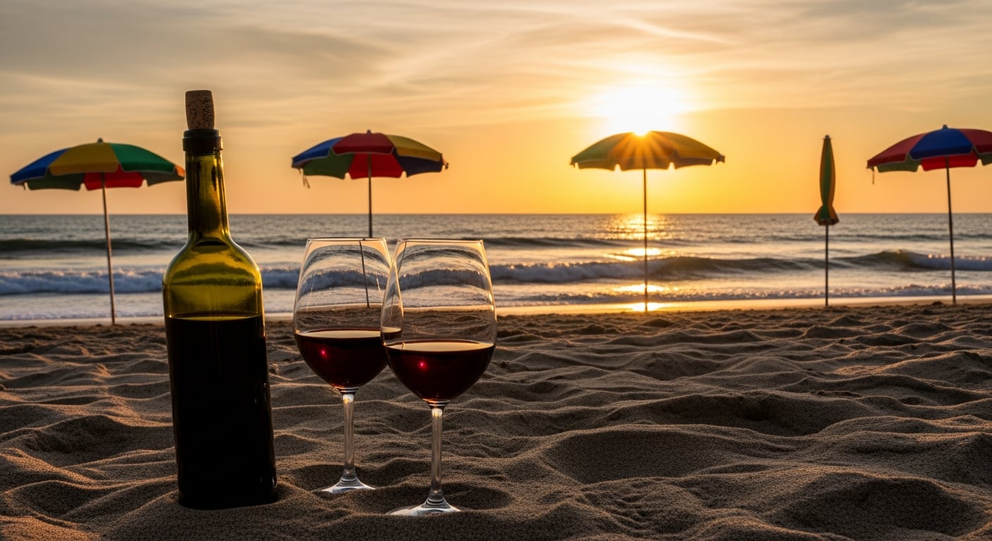 Una botella de vino y dos copas reposan sobre la arena en una playa, mientras el sol se oculta en el horizonte. De fondo, sombrillas coloridas completan la escena, evocando un ambiente relajado y romántico ideal para disfrutar del verano. (Imagen Ilustrativa Infobae)