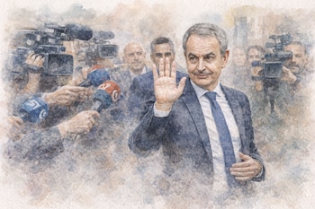 Pintura en acuarela de José Luis Rodríguez Zapatero, sonriente, levantando la mano derecha, rodeado por periodistas con micrófonos y cámaras de televisión.