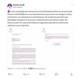 David Luna pidió renuncia del director del Invima