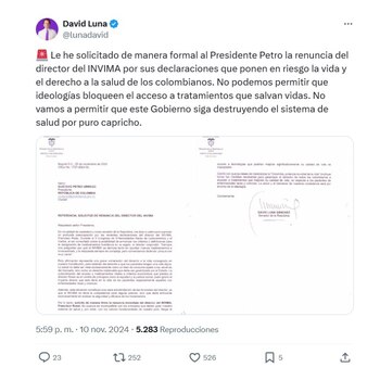Con esta carta, el senador David Luna, de Cambio Radical, pidió renuncia del director del Invima, Francisco Rossi - crédito @lunadavid/X