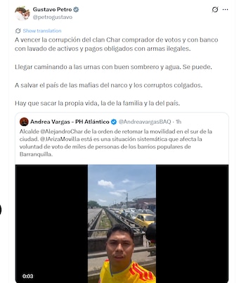 Un video compartido por la congresista incluyó la denuncia del registrador especial de Barranquilla, quien aseguró que la ciudad estaba colapsada debido a daños en los semáforos y habló de un presunto sabotaje al proceso electoral - crédito @petrogustavo/X
