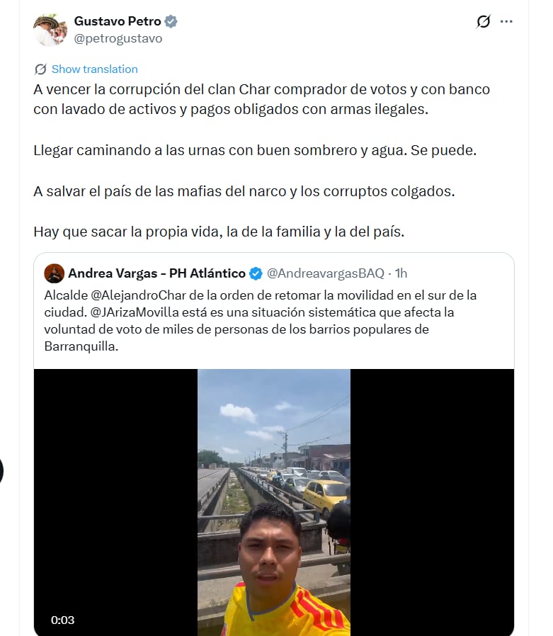 Gustavo Petro ha utilizado su cuenta de X para dirigirse a los testigos electorales y enfatizar la importancia de su labor durante el proceso - crédito @petrogustavo/X