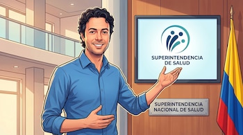 Ilustración de Daniel Quintero, sonriente, señalando un monitor con el logo de la Superintendencia de Salud y una placa, con la bandera de Colombia.