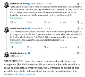 Natalia Gutiérrez, presidenta del Consejo Gremial, dijo que el impuesto al patrimonio puede causar un daño patrimonial irreversible - crédito @NGutierrezJ/X