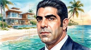 Ilustración en acuarela de un hombre con traje frente a una residencia de playa, con palmeras, mar turquesa y trazos de planos arquitectónicos.
