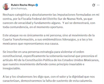 Poco antes de las 14 horas, el gobernador de Sinaloa, Rubén Rocha Moya rechazó las imputaciones. (Crédito: X |@rochamoya_)