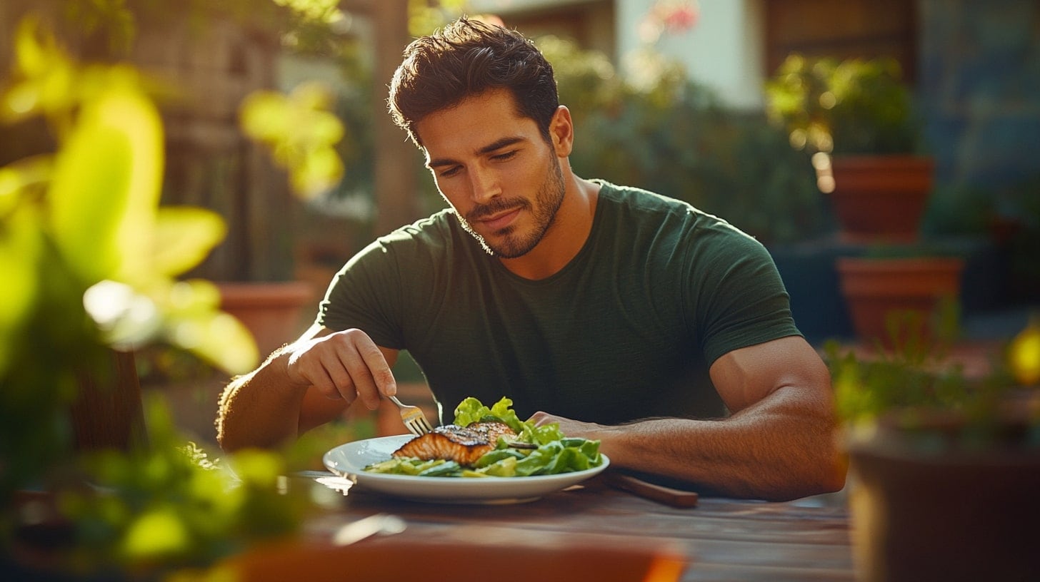 Una persona musculosa disfruta de un plato de salmón con lechuga fresca, siguiendo una dieta alta en proteínas y saludable. - (Imagen Ilustrativa Infobae)