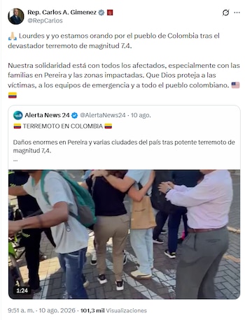 El representante a la Cámara de Estados Unidos Carlos Giménez utilizó sus redes sociales para expresar su solidaridad con las víctimas del desastre natural - crédito @RepCarlos/X