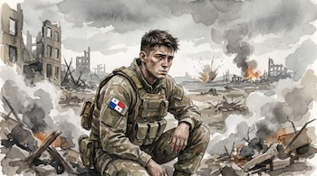 Ilustración en acuarela de un soldado agachado con uniforme militar y bandera de Panamá en medio de edificios destruidos, humo y explosiones.