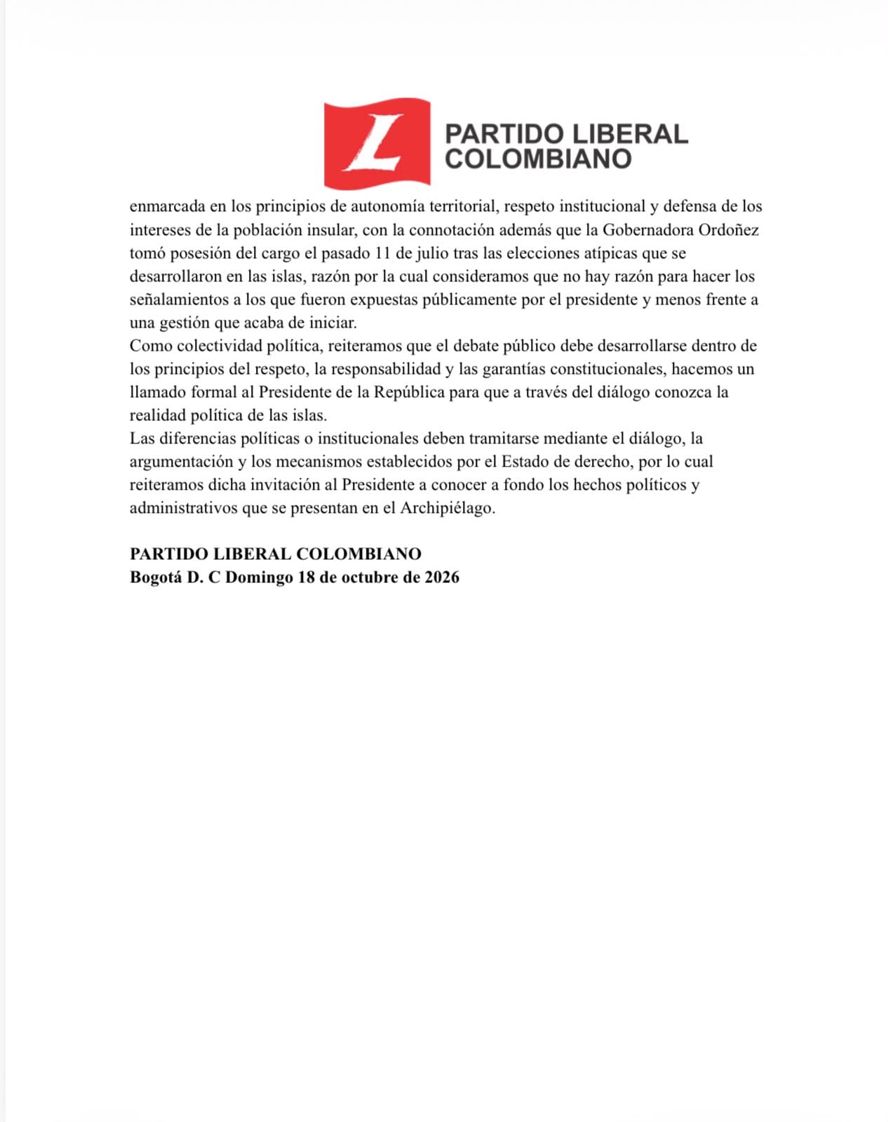 El Partido Liberal Colombiano solicitó al presidente de la República entablar un diálogo sobre la administración del Archipiélago tras la posesión de la gobernadora - crédito X