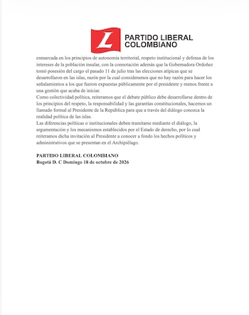 Página de un documento con el logotipo rojo del Partido Liberal Colombiano y tres párrafos de texto mecanografiado